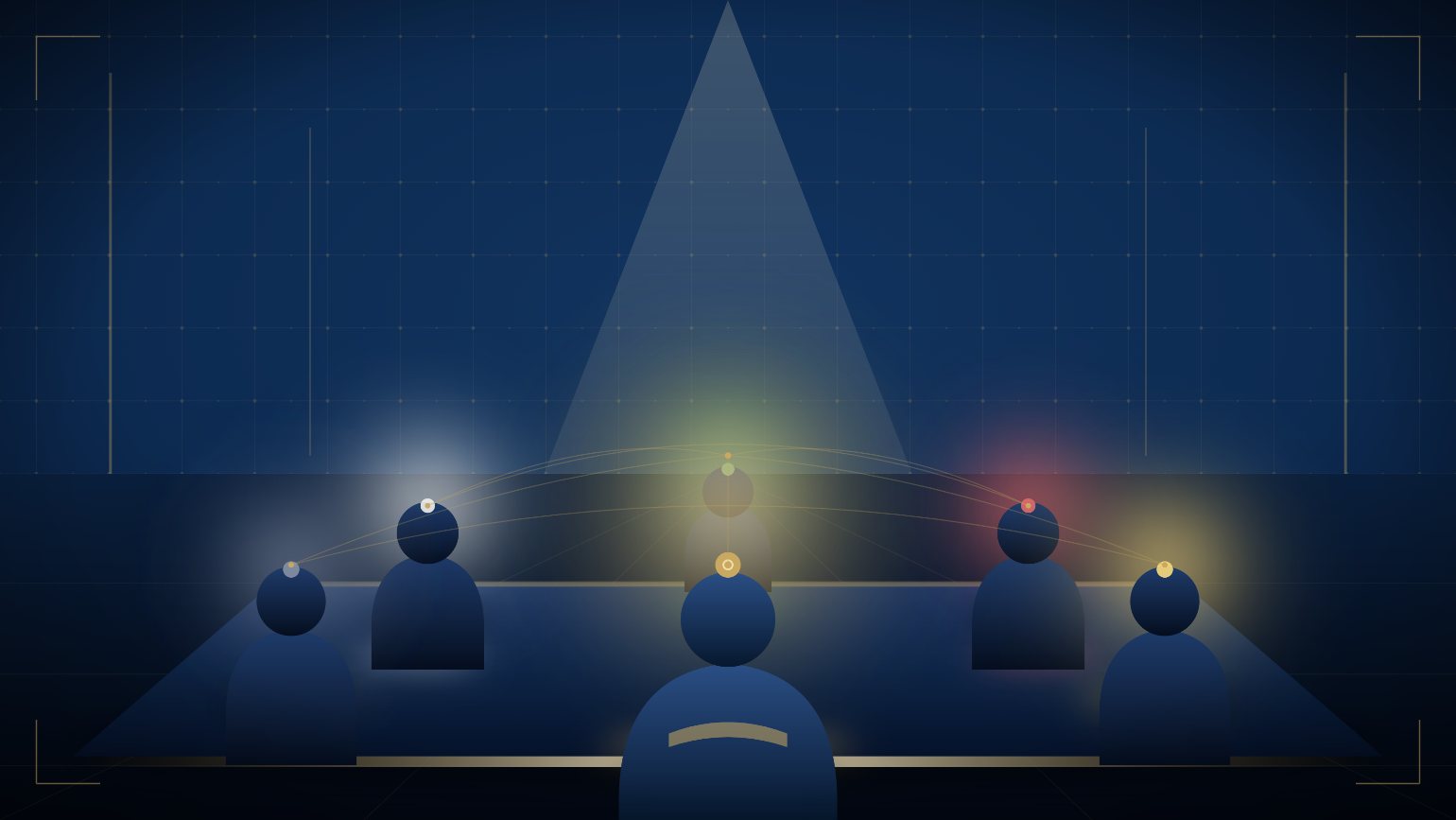 Illustration of an AI Council — five board members and a chairman around a table